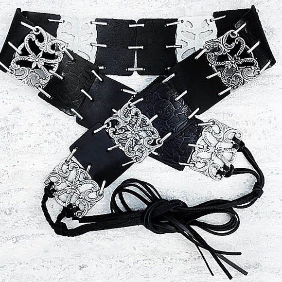 BOHO Accessories - Black Leather Belt with Silver Scroll Pcs Ties XL